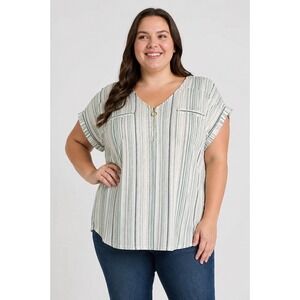 NWT Flower & Feather Striped Zip Front Top 3XL Boho Coastal Plus Size Blouse